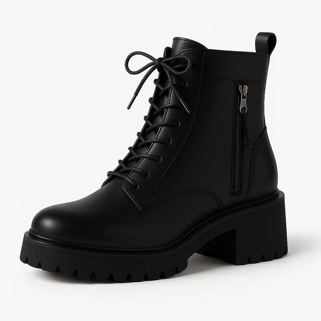 Bota Ortopédica Feminina Eliza da Mazarato em couro preto, com zíper lateral e salto baixo, ideal para conforto diário e elegância discreta.

